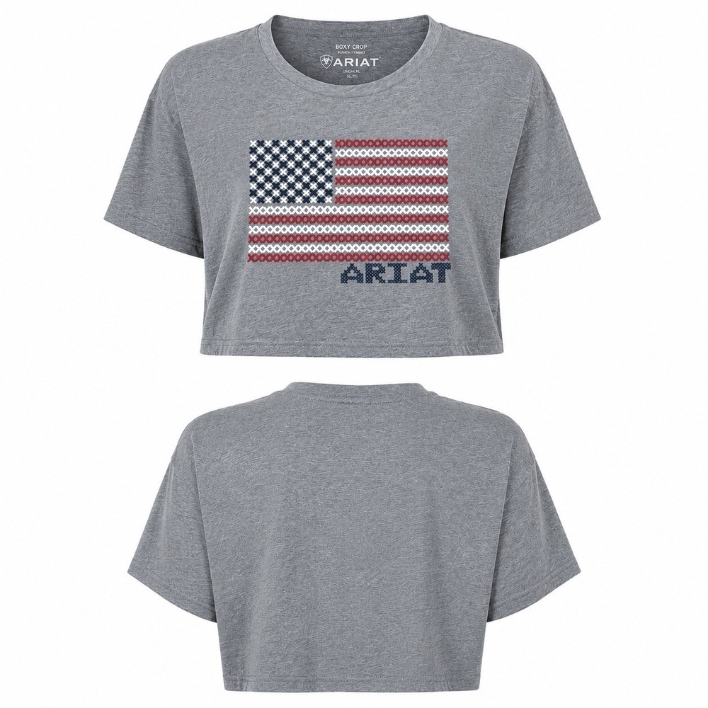 NEW Ariat Women’s XL Boxy Crop USA Flag Graphic T-Shirt Heather Gray Patriotic